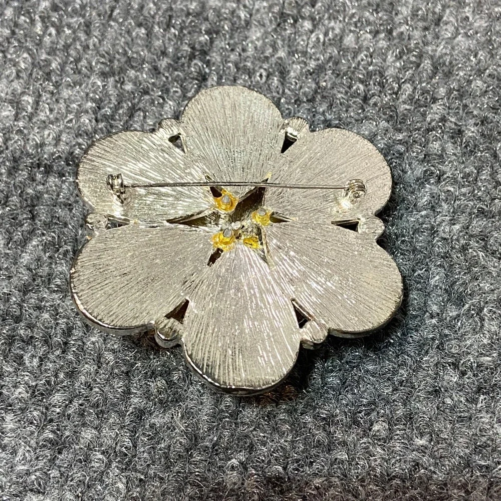 Vintage Flower Brooch Yellow‎ & Turquoise Rhinestone Floral Pin Costume Jewelry
